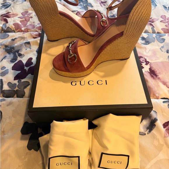 Gucci Shoes - Gucci Pink Suede Espadrille Wedge Sandals with Gold Horsebit NWOT